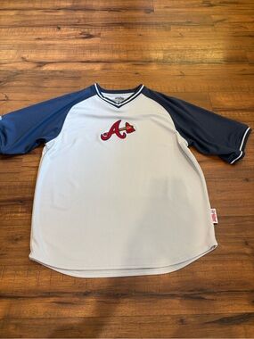 Mens MLB Atlanta Braves White Blue V-Neck Pullover Jersey Uniform Shirt Heavy